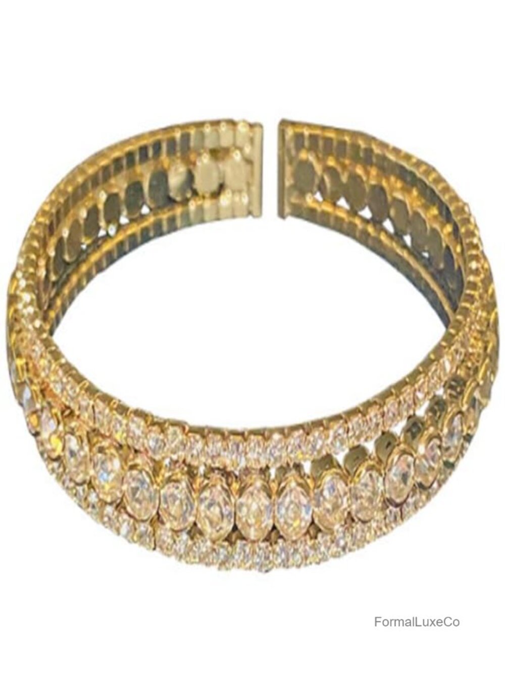 Double Row Rhinestone Cuff Bracelet Gold Plated Bangle